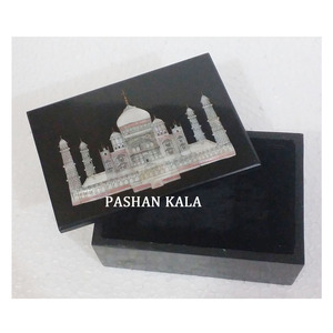 Boîtes décoratives en marbre noir avec incrustations de style Taj Mahal - Product Image 1