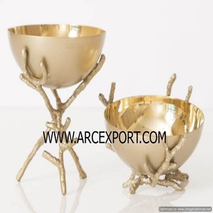 Gold Polished Metal Round Bowls With Branches Stand Set of 2 Different Sizes Metal Tabletop Centerpiece Mixing Bowls <b>Supplies</b> - Product Image 1