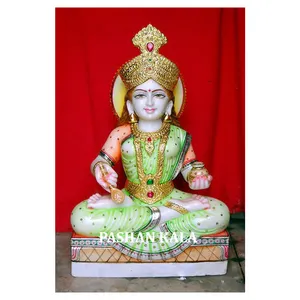 Statue de la déesse indienne Annapurna assise, en marbre blanc, faite à la main et colorée - Product Image 1