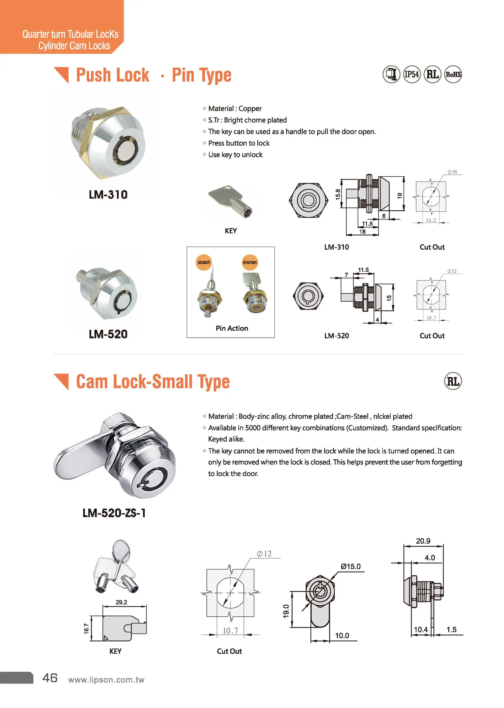 LM-520 Robuuste Tablet Automaat Deur Barrel Bolt Cilinder Met Ronde Sleutel Kast Plunger Cam Lock