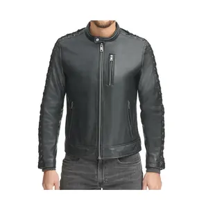 Jaket kulit renda untuk bahu, jaket kulit gaya pengendara sepeda motor, jaket mode kulit asli klasik