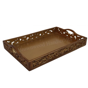 Bandeja de servicio de madera tallada a mano duradera con asa para hoteles y restaurantes Nueva llegada a precio mayorista a granel para venta en línea - Product Image 1