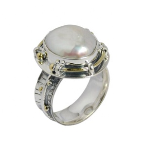 Bague tendance pour femme en argent sterling 925 avec perle d'eau douce et pierre précieuse, style vintage, bijoux de mariage, éternité, vermeil, sertie à griffes - Product Image 1