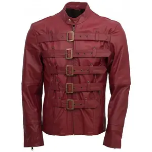 新款手工男士栗色前束带时尚皮夹克男士款式红色皮条夹克