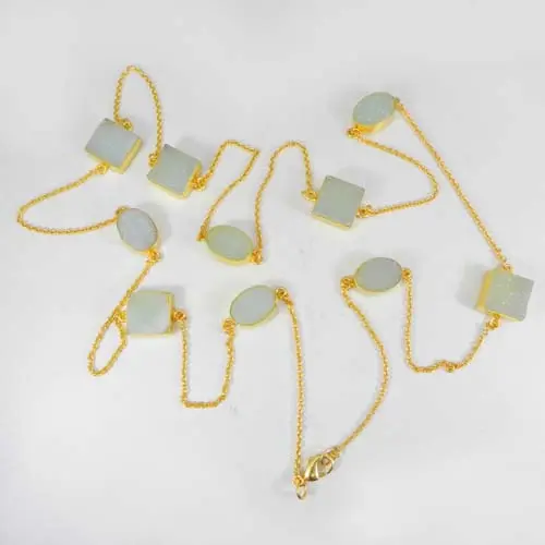 Primrose aqua druzy gemstone gold plated 35 inch long chain necklace