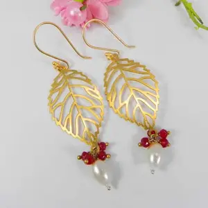 Pearl and red agate gemstone beads leaf filigree laser cut gold plated dangle earring