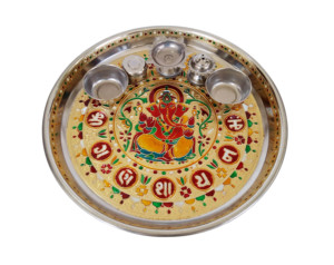 แผ่นสแตนเลสลายพระพิฆเนศ/THALI-SILVER มีน่ากับแก้วน้ำ5นิ้ว (11 "X 11" x 0.75 "นิ้ว) - Product Image 5