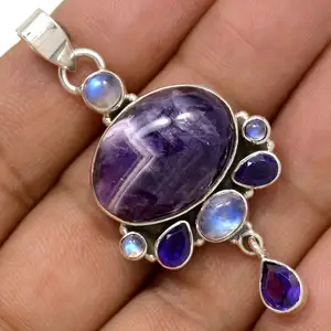 令人敬畏的最新独特设计紫水晶蕾丝玛瑙925纯银天然宝石吊坠声明精品珠宝