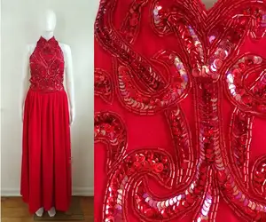 80s beaded gown free size red sequin evening gown party dress maxi cocktail dress sleeveless embellished fancy dress