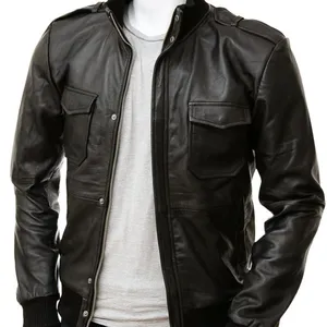 A very cool, slim fit black leather bomber jackets 2023 Leather Jacket Men Winter Motorcycle Leather Jacket