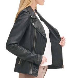 Nuevas camisetas de moda de otoño para mujer, venta al por mayor, chaqueta de cuero de motocicleta de piel de oveja negra con cremallera, prendas de vestir exteriores de talla grande - Product Image 4