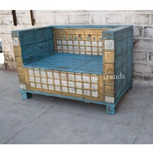 Vintage Blue Brass Storage Sofa Indian Antique Reproduction Hotel Resort Furniture