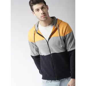 Men Mustard Yellow & Navy Colorblocked Hooded Sweatshirt