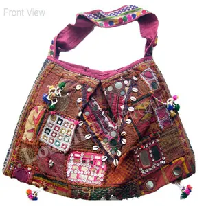 Banjara-Bolsos con borlas de cuero, borlas de gamuza, diseño étnico bohemio, vintage, bordado, de la India - Product Image 1