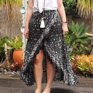 Factory wholesale black color fashion long wrap skirts all around ruffled for beachwear cover up 100% polyester fabric..