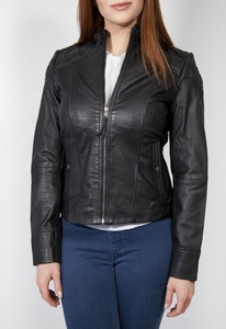 Veste en peau d'agneau noire à bout zippé pour femme Style motard authentique doux pour la sophistication quotidienne Produit fini - Product Image 2