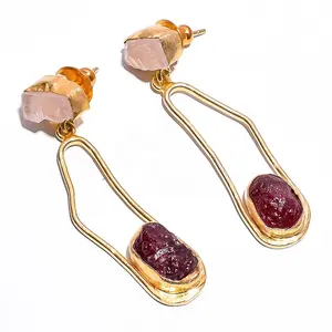 Unique Fancy Shape Rose Quartz Glass Filled Ruby Gemstone Brass Earrings, Gold Plated Brass Jewelry, Indian Gold Brass Jewelry