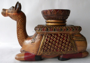 Hand Gesneden Jeruzalem Kameel Figuur Hand Gesneden Gift Van Heilige Land Israël-Houten Geschilderd Zitten Kameel Met Kaarshouder