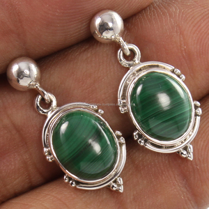 Boucles d'oreilles en argent sterling massif pur 925, poteau ovale et brillant avec malachite verte naturelle, cadeau de mariage. - Product Image 2