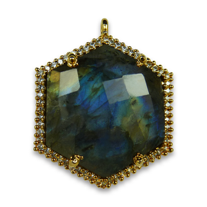 Pendentifs breloques en argent sterling avec pavé de labradorite grise hexagonale, sertis clos, plaqués or rhodié - Product Image 2