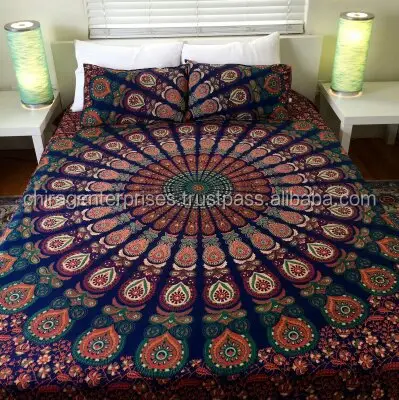 Bohemian Block Printed Bed Sheet /Bed Spread Hippie Mandala Indian Tapestry, Cotton Mandala Bed cover