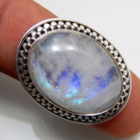 Bague Classique en Argent Sterling 925 avec Pierre de Lune Arc-en-ciel Naturelle à Éclat Bleu, Plaqué Rhodium, pour Mariage et Anniversaire