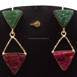 Multi-Color Peace Shape Agate Stone Sugar Druzy <b>Long</b> Stud <b>Earrings</b> 18K Gold Plated Stainless Steel Brass Trendy Party Gift - Product Image 2