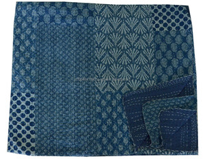 수제 Khanta 이불 인디고 블루 Dabu Kantha 침대 커버 민족 침대 패치 워크 던지기 인도 인디고 블루 Kantha 퀼트
