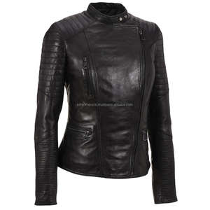 Chaqueta de manga larga de cuero genuino de motorista con estilo para mujer en negro Equipo de moda para exteriores para damas de talla grande - Product Image 1