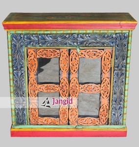 Armoire de rangement vintage en bois massif peinte à la main avec porte sculptée, meuble artisanal pour cuisine et salon - Product Image 6