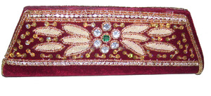 Lowellcraft Indian Bridal Clutch Purse with Zircon & Dabca Work <b>Red</b> Polyester Made in Delhi - Product Image 3
