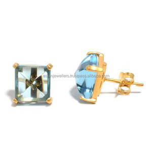 925 sterling silver <b>Blue</b> <b>Topaz</b> Quartz Gemstone <b>Earrings</b> gold vermeil studs - Product Image 1