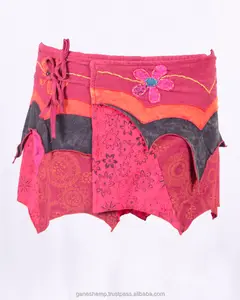 Everkaki-Mini jupe gitane rouge cerise, Mini jupe bohème avec dentelle sur le côté, mélange ombré, hhhcs 134 B