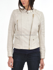 Blouson aviateur en cuir d'agneau blanc doux pour femme, style moto, imperméable, respirant, élégant, vêtement d'extérieur toutes saisons - Product Image 2