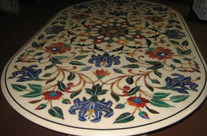 Marble Oval Inlaid Dining Table Top Flower Marquetry Inlay Art Work for Office or Entry Modern Antique Oval - Product Image 2