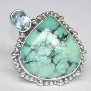 แหวนเพชรประดับทำด้วยมือสีเงินพร้อมบุษราคัมสีฟ้าและไข่มุกน้ำจืดขายส่ง - Product Image 4