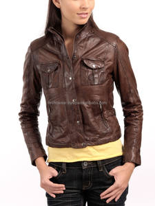 Blouson aviateur en cuir véritable lavé pour femmes marron Slim Fit élégant automne hiver vêtements d'extérieur tricotés doux confortable OEM - Product Image 2