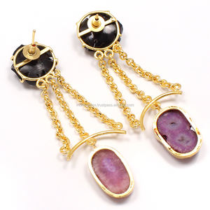 Boucles d'Oreilles Créoles Vintage en Diamant Druzy avec Fleur Noire Bijoux de Chaîne à Maillons en Acier Inoxydable de Haute Qualité - Product Image 4