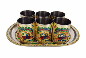 ROYAL PEACOCK Designed MEENAKARI Decorated Stainless Steel JUG/POT with Matching TRAY & 6-GLASSES - G.M. - Product Image 6