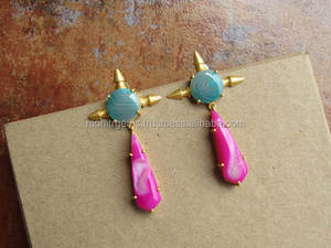 Round Slice Along Long Pear Shape Agate Bullet Handmade <b>Earring</b> for Womens and <b>Girls</b> - Product Image 2