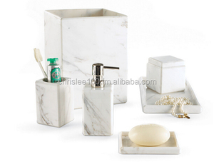 Ensemble de salle de bain en pierre naturelle, style marbre, accessoires de salle d'eau, distributeur de savon, gobelet, boîte de mouchoirs, porte-serviettes - Product Image 2