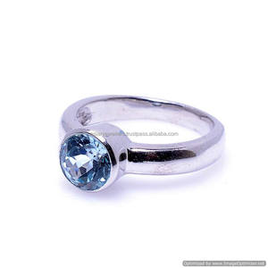 ธรรมชาติสีฟ้าบุษราคัมพลอยแหวนเงินสเตอร์ลิง - Product Image 1