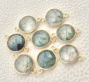 Conectores de Plata de Ley 925 Chapados en Oro de 24K con Cuarzo Rutilado Verde en Forma de Moneda Facetada, Componentes para Joyería - Product Image 2