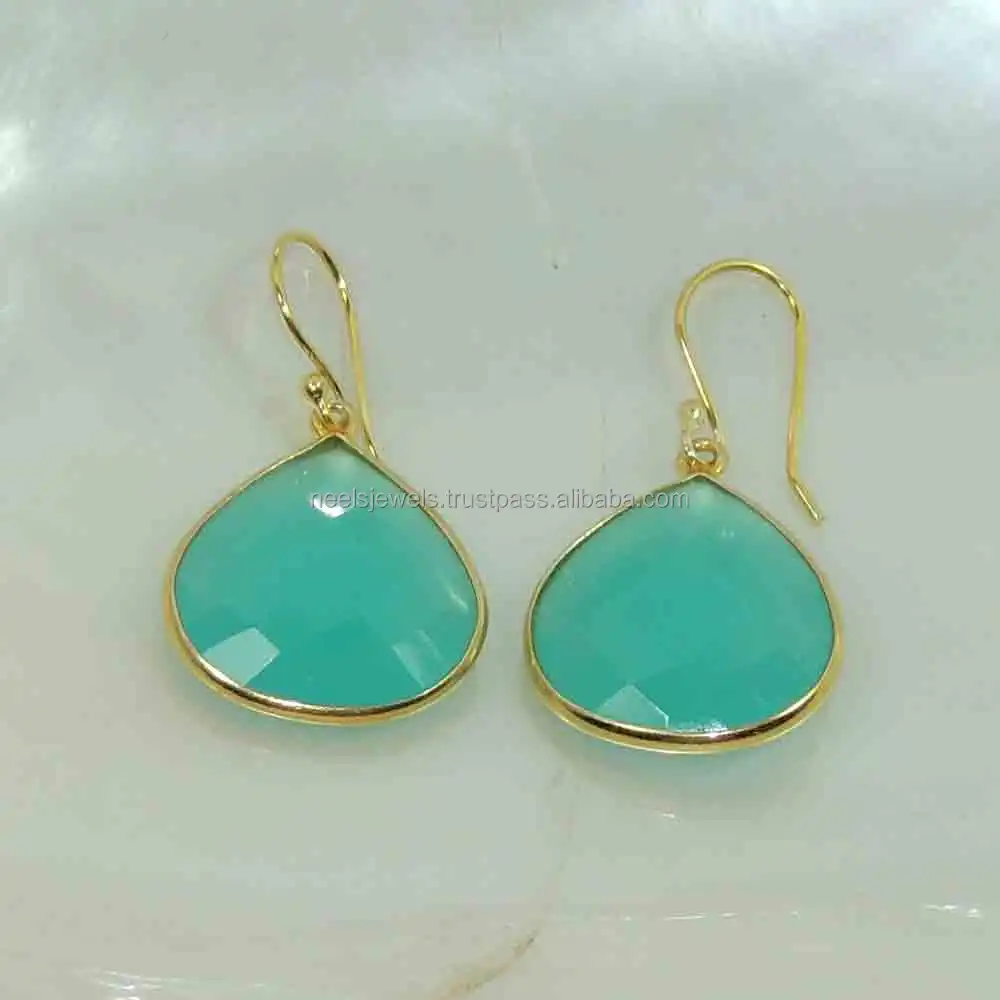 Women Natural Peru Chalcedony Gold Plated Earrings Pear Shape Handmade Wire Dangle Drop Earrings Wholesale India Manufacturer