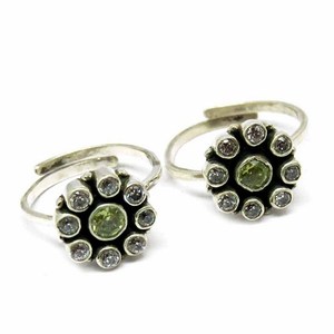 Shri Ashapura Jewels Gorgeous Green & White CZ Bezel Set Bohemian 925 Sterling <b>Silver</b> Gemstone <b>Toe</b> <b>Rings</b> for Wedding/Engagement - Product Image 6