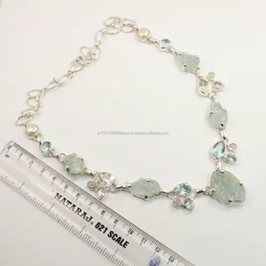 Awesome Halskette 925 Sterling Silber Natur AQUAMARINE, BLUE TOPAZ, CRYSTAL QUARTZ, REGENBOGEN MONDSTEIN & PERLEN Edelsteine