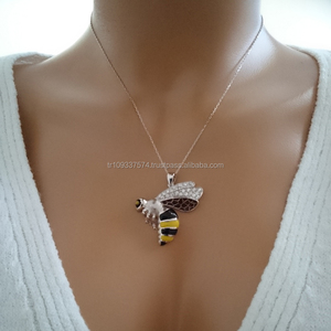 14K Solid White Gold <b>Bee</b> Pendant Necklace for Women Vintage Enamel <b>Bee</b> <b>Charm</b> with Zircon Fine Jewelry for Weddings Made Turkey - Product Image 2