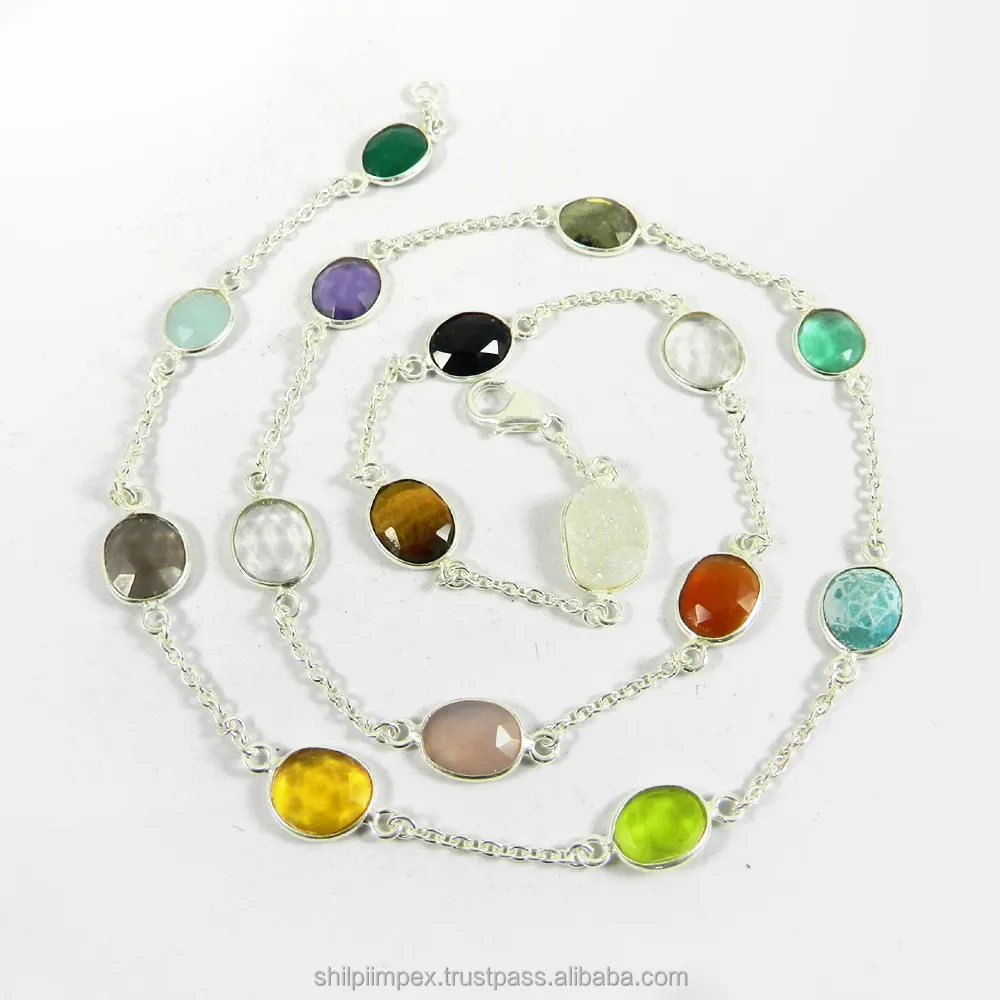 Multi gemstones 925 sterling silver long chain necklace, Bezel Setting Wholesale Silver Jewelry