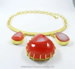 Red window druzy gemstone 18k gold plated one of a kind jewelry necklace