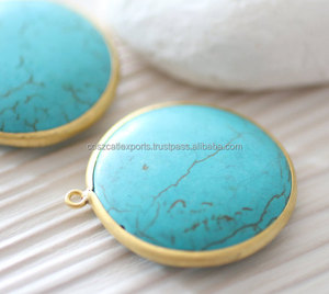 Colgante grande de piedra redonda turquesa, bisel dorado, Conector de piedras preciosas, colgantes y dijes de joyería fina - Product Image 2